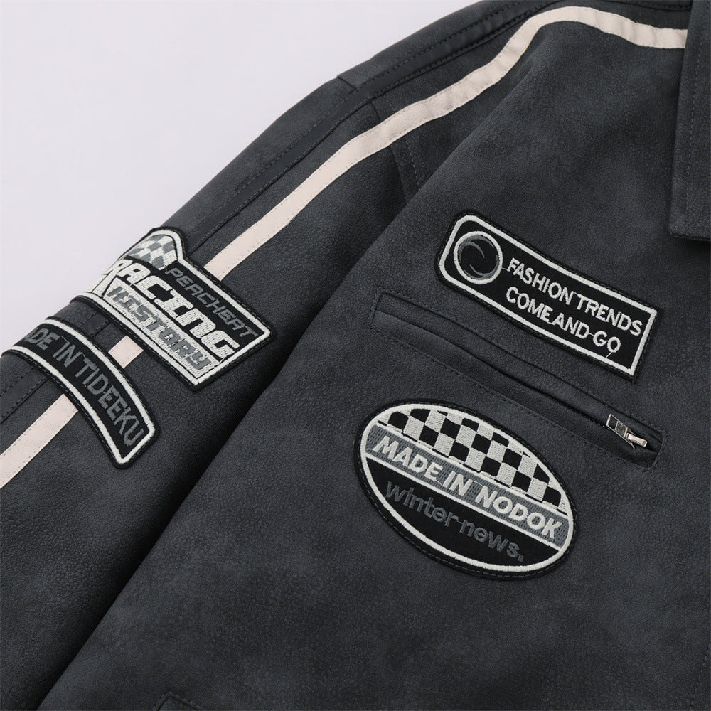 Men Jacket Coat PU Leather Jacket Men's Striped Stitching Long Sleeve Pilot