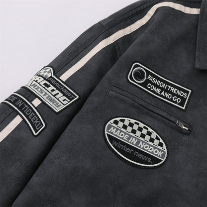 Men Jacket Coat PU Leather Jacket Men's Striped Stitching Long Sleeve Pilot