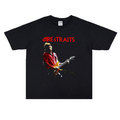 Rock Star T Shirt Bruce Rock Dire Straits Band Washed Distressed T-shirt Cotton Short Sleeve Loose