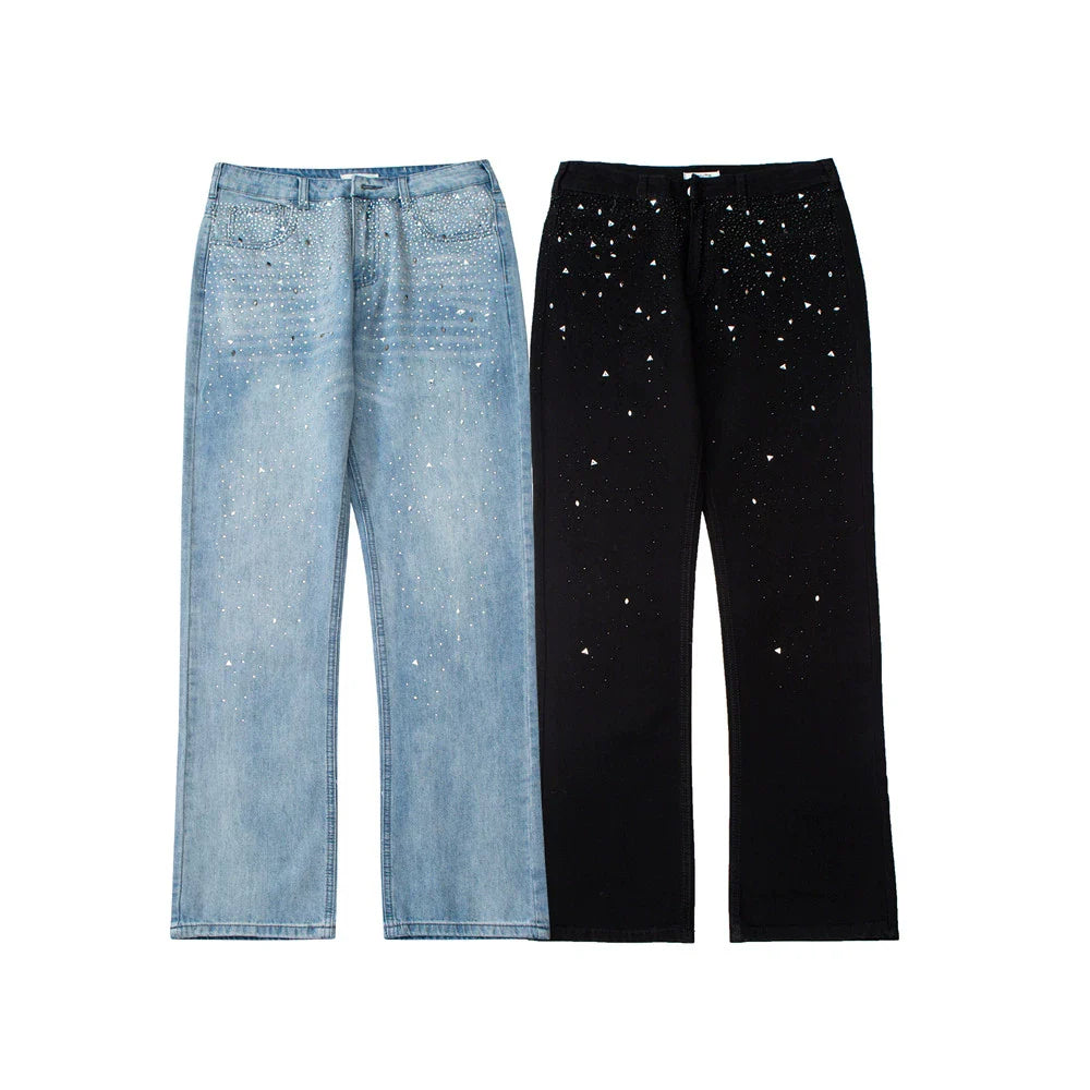Men Jeans Solid Color Diamond-Embedded Loose Wide-Leg Pants Trendy Casual