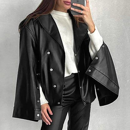 Women Trench Coat PU Leather Jacket Fleece-lined Autumn and Winter Loose