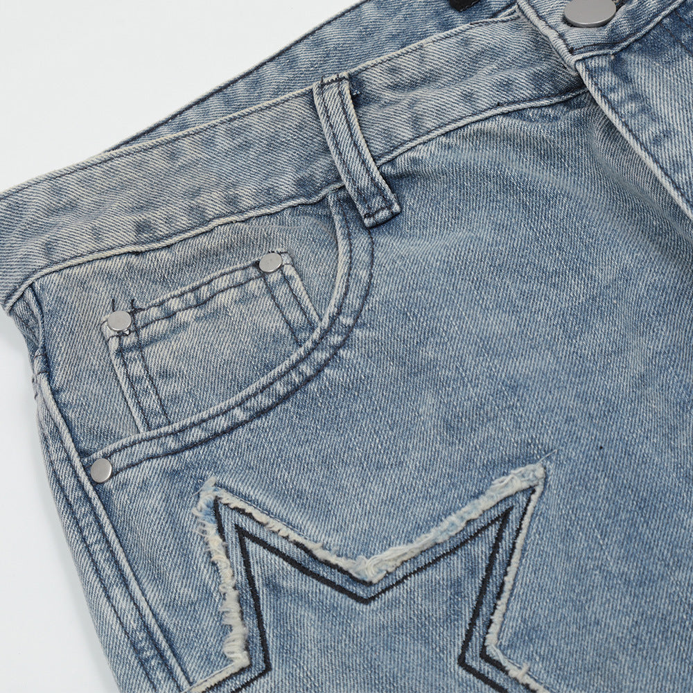 Men Jeans Five-Pointed Star Paste Cloth Embroidery Loose