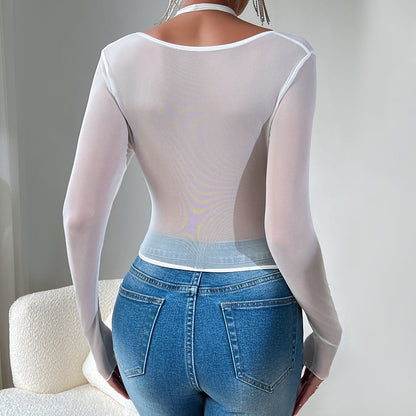 Women Party Tops Long-Sleeved T-shirt Steel Ring Fishbone Waist Top