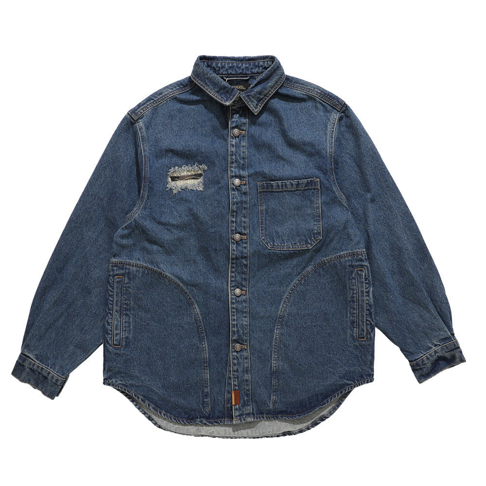 Men Jacket Coat Ripped Denim Jacket Embroidered Workwear Jacket