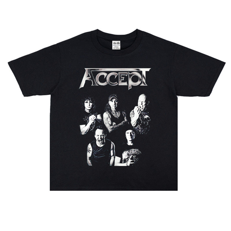 Rock Star T Shirt Band Accept Rock Accept Band Washed Distressed T-shirt Cotton Short Sleeve Loose