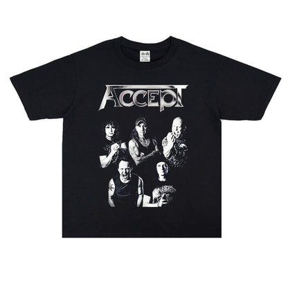 Rock Star T Shirt Band Accept Rock Accept Band Washed Distressed T-shirt Cotton Short Sleeve Loose
