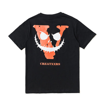 Vlone T Shirts Evil Smiley Face Big V Loose Short Sleeve T-shirt