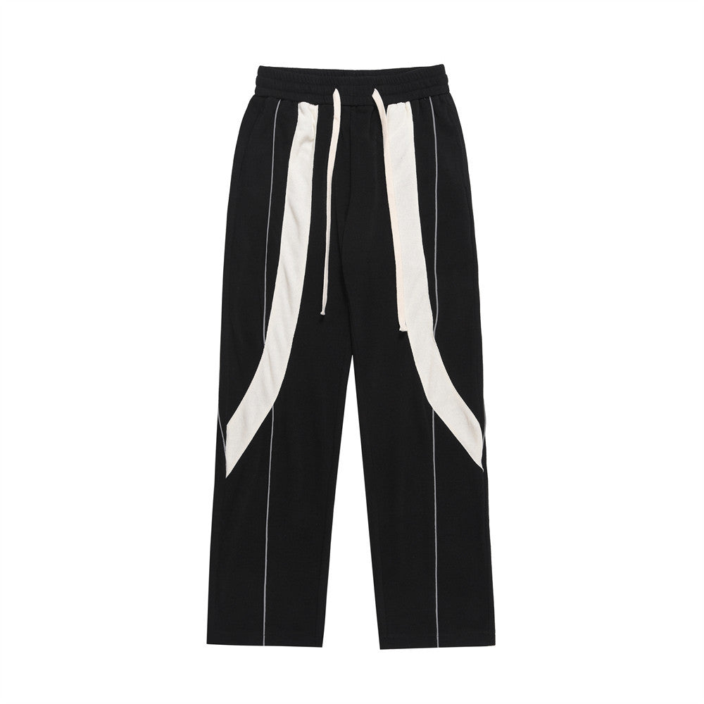 Men Sweatpants Stitching Contrast Color Casual Pants Loose Track Pants Drawstring Elastic Waist Straight-Leg Wide-Leg Pants