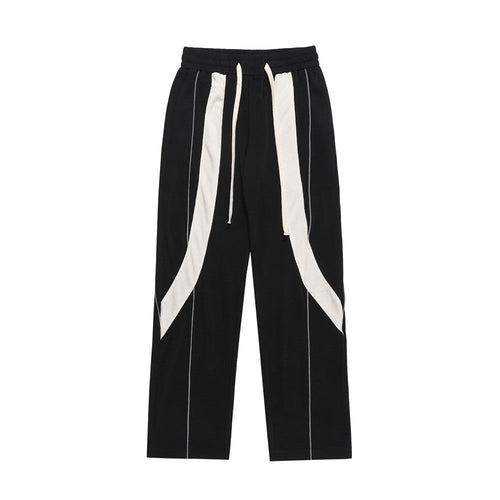 Men Sweatpants Stitching Contrast Color Casual Pants Loose Track Pants Drawstring Elastic Waist Straight-Leg Wide-Leg Pants