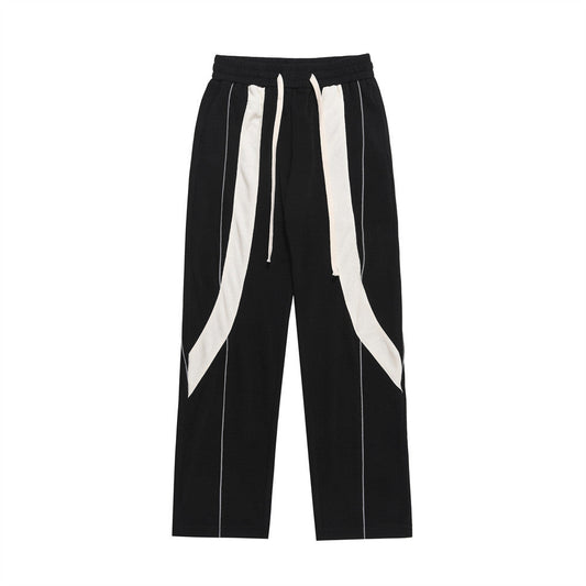 Men Sweatpants Stitching Contrast Color Casual Pants Loose Track Pants Drawstring Elastic Waist Straight-Leg Wide-Leg Pants