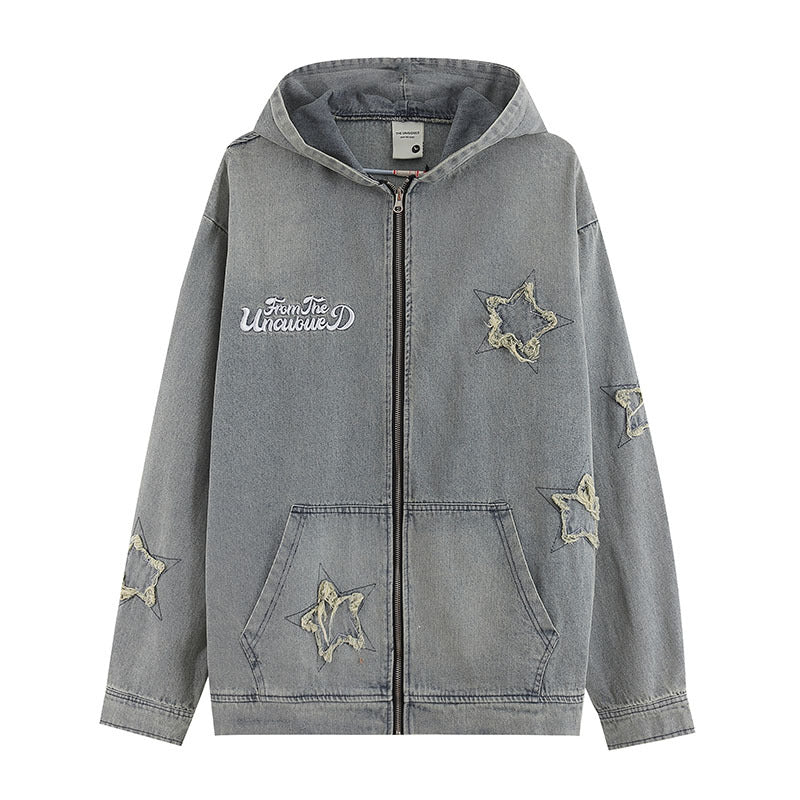 Men Hoodie Washed Affixed Cloth Embroidered Denim Hooded Jacket Men's and Women's Hip Hop Retro Sweatshirt