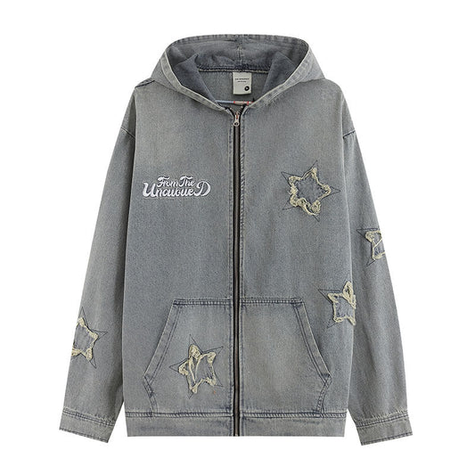 Men Hoodie Washed Affixed Cloth Embroidered Denim Hooded Jacket Men's and Women's Hip Hop Retro Sweatshirt