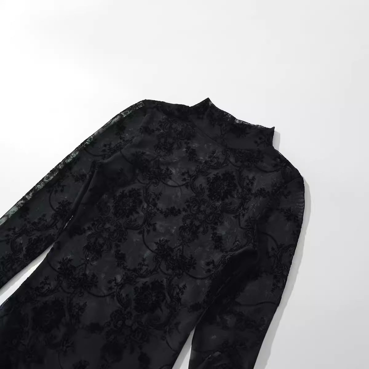 Women Tops Summer Flocking Mesh Stand Collar Jumpsuit Sexy Top