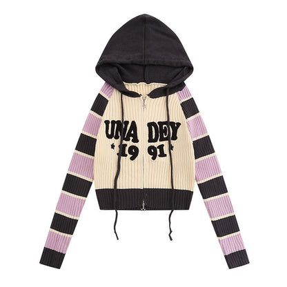 Women Sweater Retro College Style Hooded Slim Fit Knitwear Cardigan Sweater