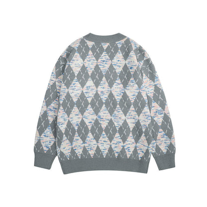 Women Sweater Vintage Diamond Plaid Knitted Sweater