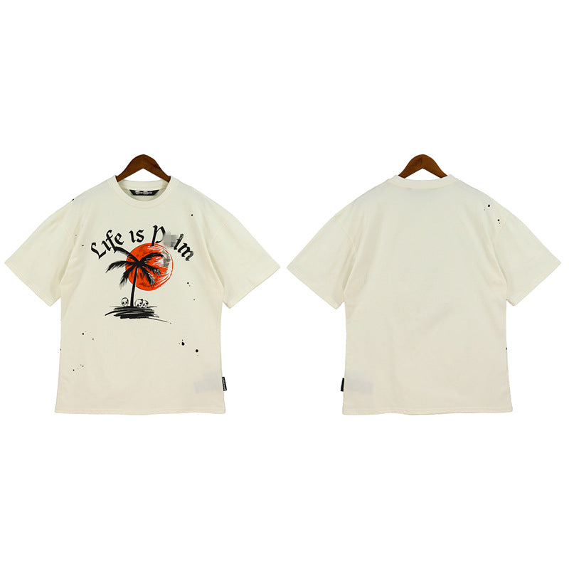 Palm Angle T Shirts Red Sun Coconut Skull Print