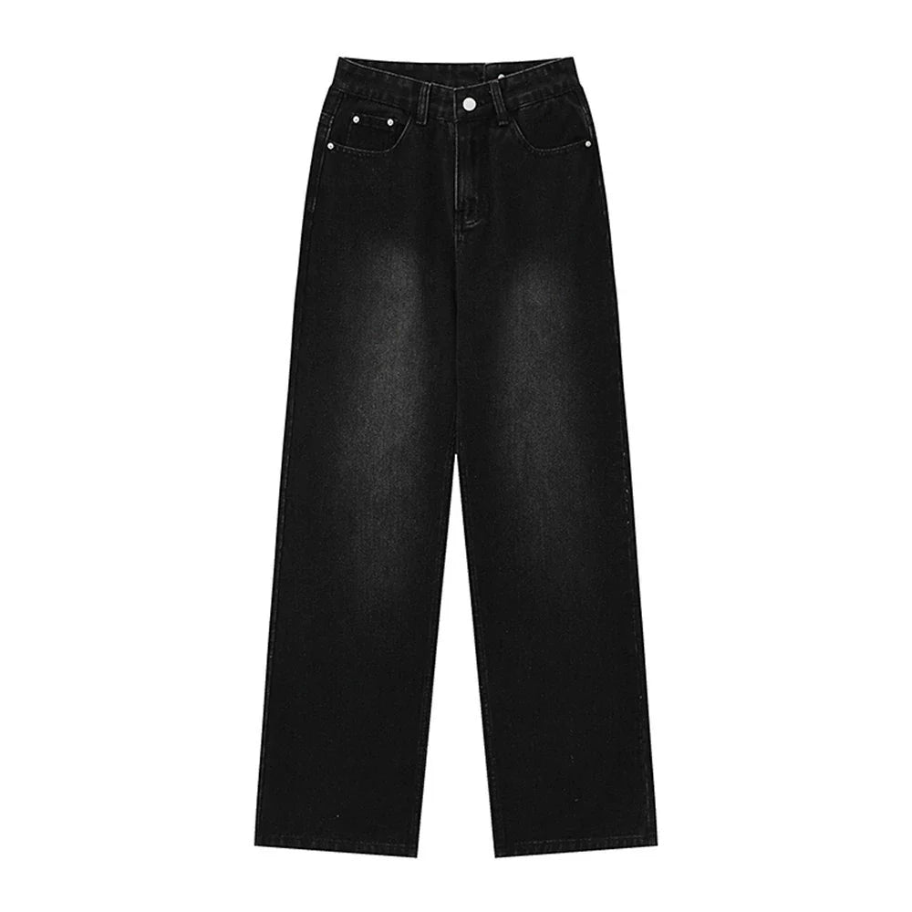 Women Pants Fastener Decoration Straight Jeans Women Loose Wide Leg Pants Retro Trousers