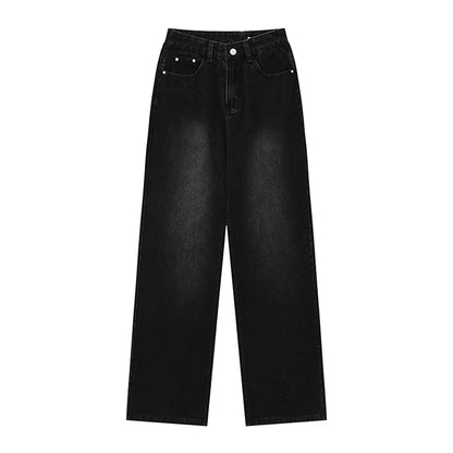 Women Pants Fastener Decoration Straight Jeans Women Loose Wide Leg Pants Retro Trousers