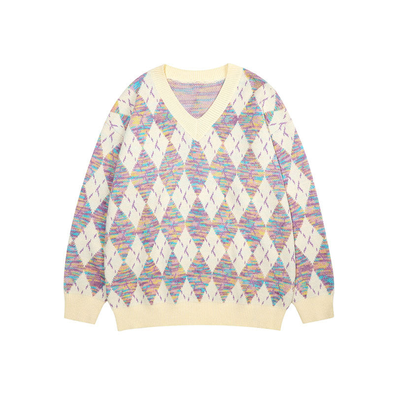 Women Sweater Vintage Diamond Plaid Knitted Sweater
