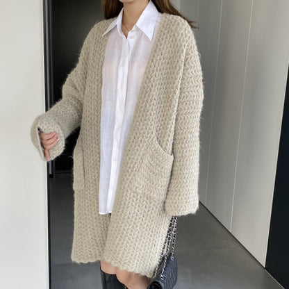 Women Cardigan Sweater Autumn and Winter Loose Pocket Texture Interwoven Long Cardigan Jacket Kc81