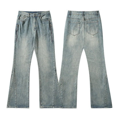 Men Jeans Retro Washed and Worn Ground White Slightly Flared Jeans