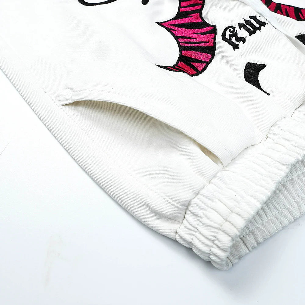Men Sweatpants Personalized Embroidered Devil Horn Straight Casual Trousers Hip Hop Diagonal Cloth Jeans