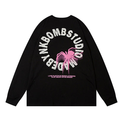 Men Long Sleeve T-Shirt Spider Print Loose Cotton Bottoming Top