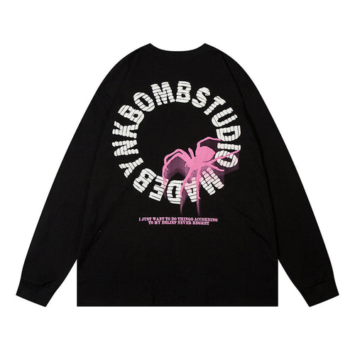 Men Long Sleeve T-Shirt Spider Print Loose Cotton Bottoming Top