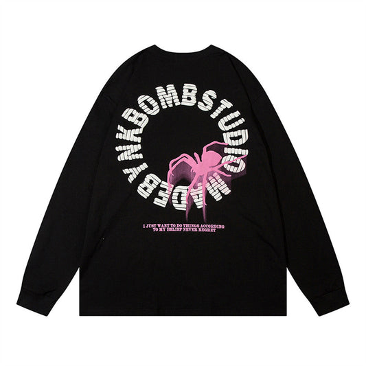 Men Long Sleeve T-Shirt Spider Print Loose Cotton Bottoming Top