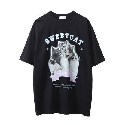Men Vintage T-Shirt Printed Distressed Washed Short-Sleeved T-shirt Men's Summer Casual Loose round Neck