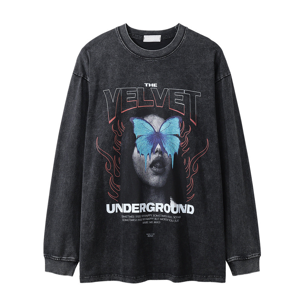 Men Long Sleeve T-Shirt Dark Character Print Punk & Rock Washed and Worn