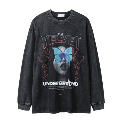 Men Long Sleeve T-Shirt Dark Character Print Punk & Rock Washed and Worn
