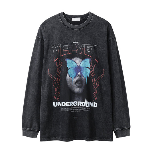 Men Long Sleeve T-Shirt Dark Character Print Punk & Rock Washed and Worn