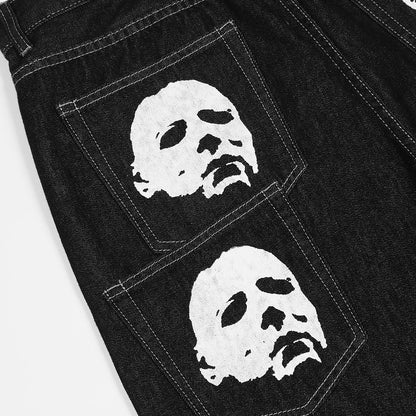 Men Jeans Face Printing Casual Straight Pants Trend