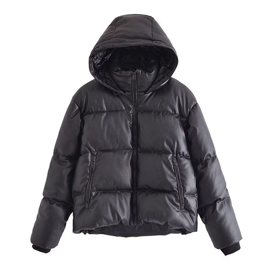 Women Cotton Coat Casual Faux Leather Hooded Jacket