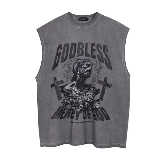Men Vest Cross Vintage Distressed Sleeveless T-shirt Summer Loose Vintage Vest