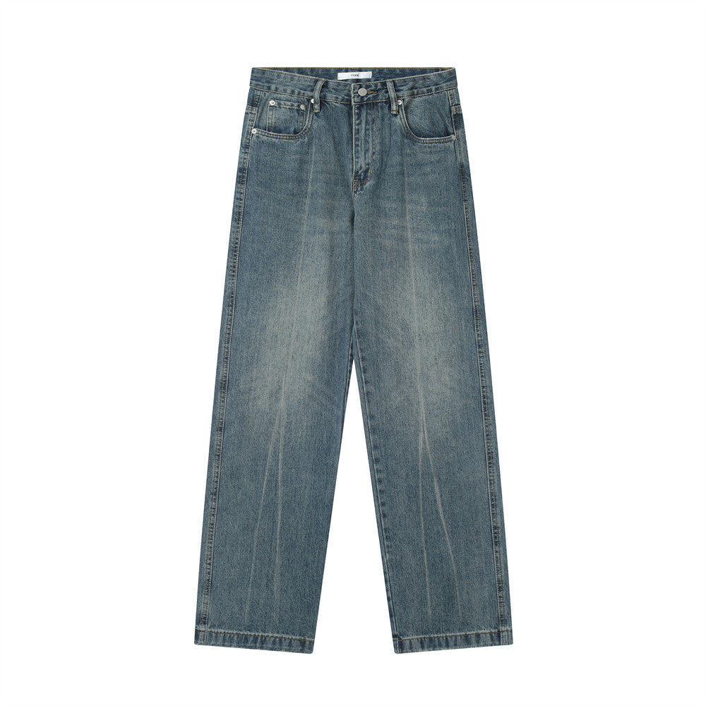 Men Jeans Worn White Old Loose Wide Leg Leisure