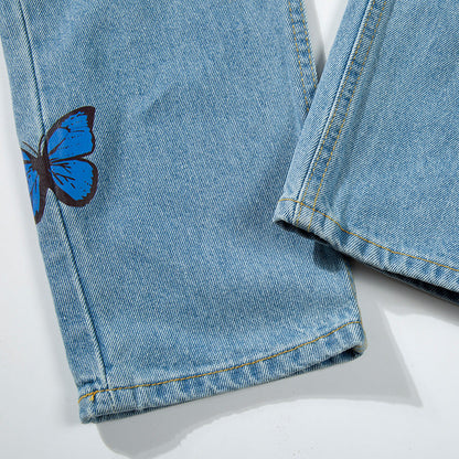 Men Jeans Butterfly Print Loose Trendy Casual