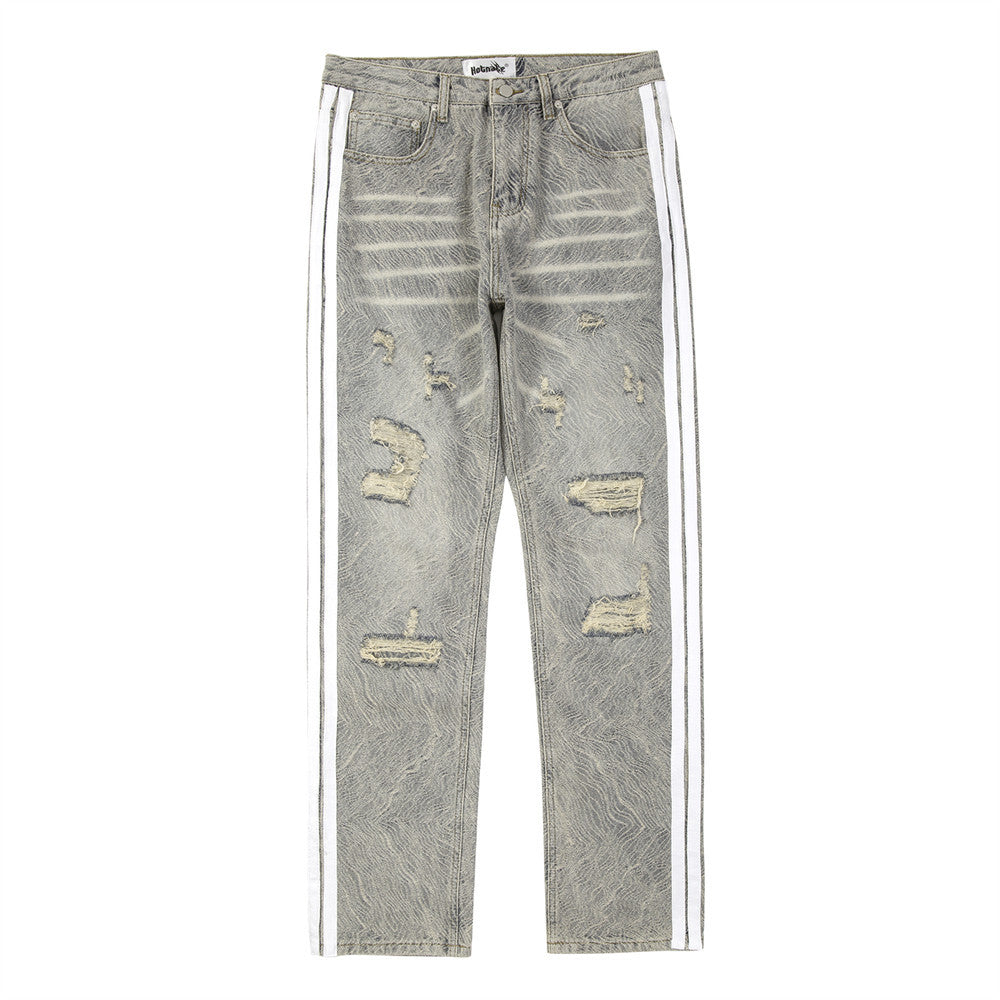 Men Jeans Make Old Ripped Side Stripes