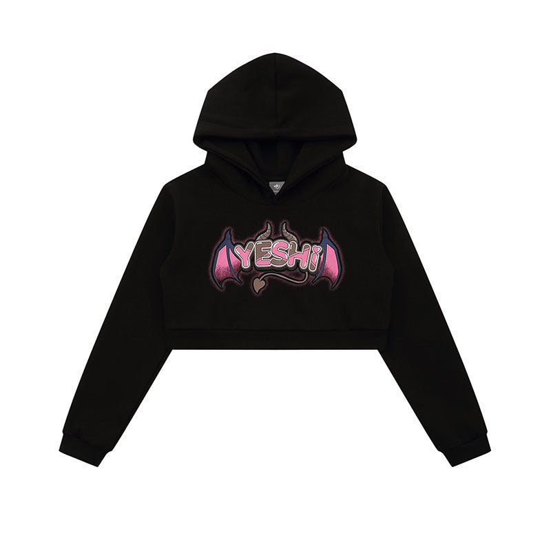 Women Hoodie Retro Sweet and Spicy Hooded Sweater Women's Spring and Autumn Devil Wings Short Top