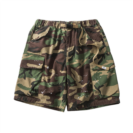 Men Shorts with Belt Camouflage Cropped Pants Men's Loose Multi-Pocket
