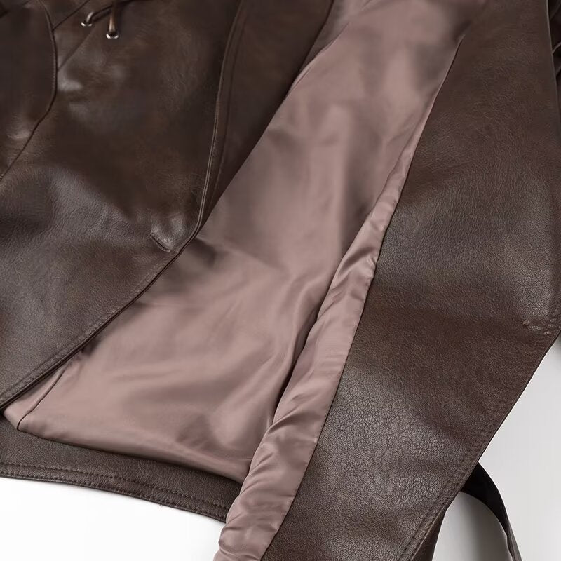 Women Tops Spring Retro Coffee Color Brown Leather Coat V-neck Lace-up Top