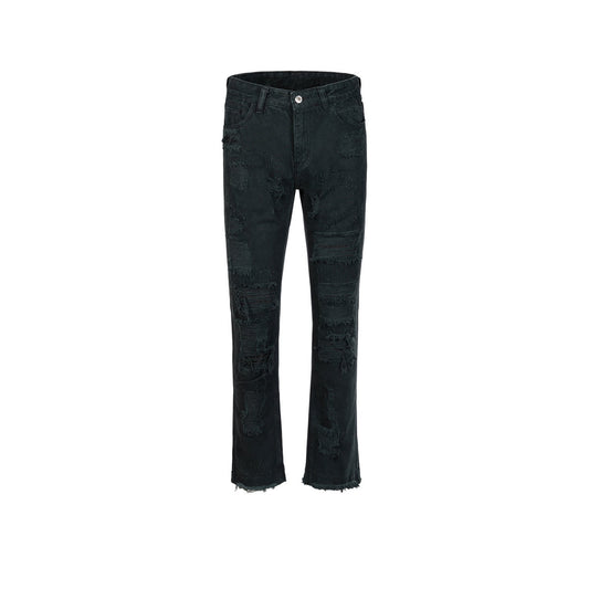 MIJKO Men Vintage Pants MIJKO Hip Hop Trousers Hole Damage Slim Jeans
