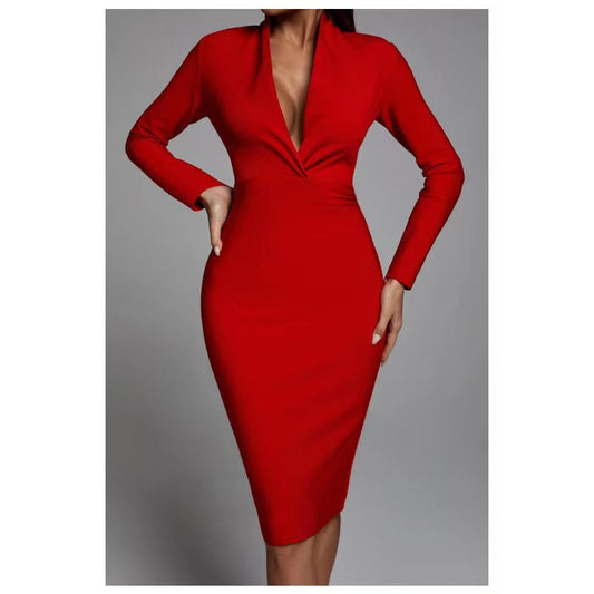 Women's Evening Dress Sexy V-neck Long Sleeve Bandage One-Piece Dress