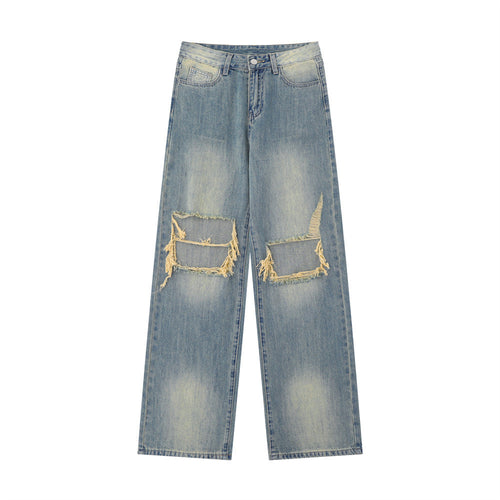 Women Pants Ripped Jeans Summer Washed Straight Loose Wide Leg Pants