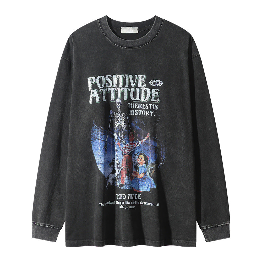 Men Long Sleeve T-shirt Cartoon Characters Printed Washed Old Loose