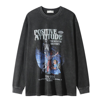 Men Long Sleeve T-shirt Cartoon Characters Printed Washed Old Loose