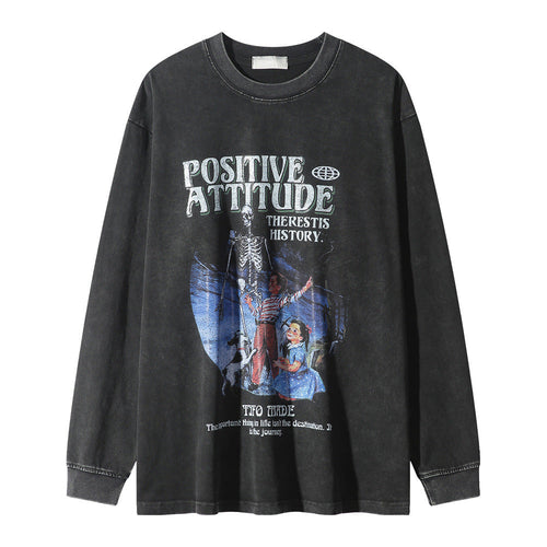 Men Long Sleeve T-shirt Cartoon Characters Printed Washed Old Loose