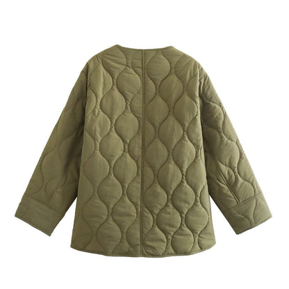 Women Cotton Coat Fashion Collarless Diamond Lattice Loose