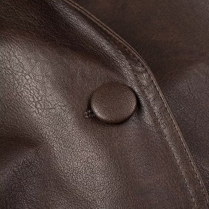 Women Tops Spring Retro Coffee Color Brown Leather Coat V-neck Lace-up Top